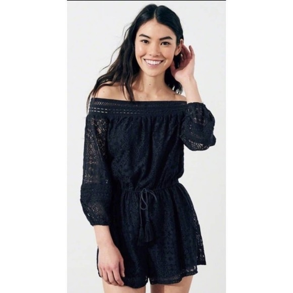 Hollister Off Shoulder Lace Romper Shorts Navy Size Small - Picture 10 of 11